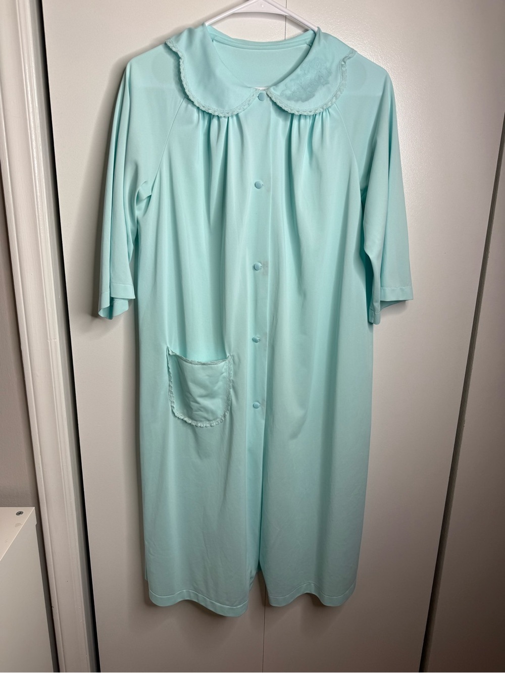 Vintage Shadowline Women's Medium Nylon Nightgown Button Front Pockets Blue Lace